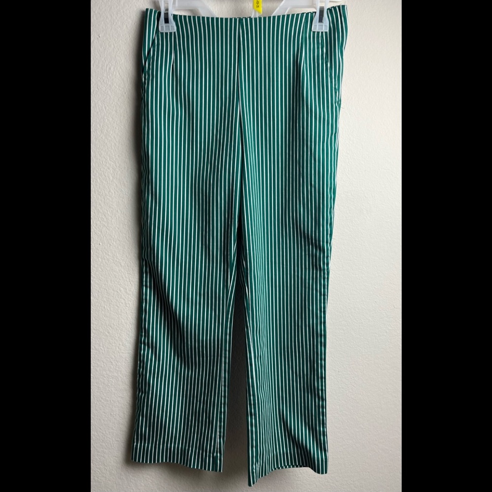 H&M GREEN & WHITE PIN STRIPED HIGH RISE SLIM FIT CROPPED PANTS SIZE 4 PREOWNED